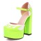 Round Toe Flame Stitched Chunky Heels Ankle Buckle Straps Dorsay Platforms Pumps - Neon Yellow