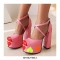 Round Toe Heart Stitched Chunky Heels Ankle Buckle Cross Straps Dorsay Platforms Pumps - Red