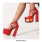 Round Toe Heart Stitched Chunky Heels Ankle Buckle Cross Straps Dorsay Platforms Pumps - Red