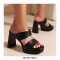 Peep Toe Platforms Chunky Heels Slippers Sandals - Black