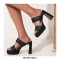 Peep Toe Chunky Heels Knitted Platforms Slippers Sandals - Black