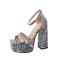 Peep Toe Platforms Chunky Heels Ankle Buckle Straps Floral Print Sandals - Blue
