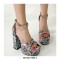 Peep Toe Platforms Chunky Heels Ankle Buckle Straps Floral Print Sandals - Blue