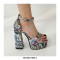 Peep Toe Platforms Chunky Heels Ankle Buckle Straps Floral Print Sandals - Blue