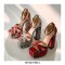 Peep Toe Platforms Chunky Heels Ankle Buckle Straps Floral Print Sandals - Blue