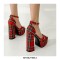 Peep Toe Platforms Chunky Heels Ankle Buckle Straps Plaid Print Sandals - Red