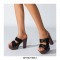Chunky Heels Platform Peep Toe Buckle Flock Outdoor Rivet Sandals  - Black