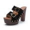 Chunky Heels Platform Peep Toe Buckle Flock Outdoor Rivet Sandals  - Black