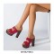 Chunky Heels Platform Peep Toe Buckle Flock Outdoor Rivet Sandals  - Red