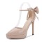 Pointed Toe Stiletto Heels Ankle Buckle Straps Bowknot Decorated Low Platforms Pumps - Beige Patent