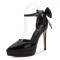 Pointed Toe Stiletto Heels Ankle Buckle Straps Bowknot Decorated Low Platforms Pumps - Black Patent