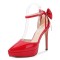 Pointed Toe Stiletto Heels Ankle Buckle Straps Bowknot Decorated Low Platforms Pumps - Red Patent