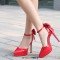 Pointed Toe Stiletto Heels Ankle Buckle Straps Bowknot Decorated Low Platforms Pumps - Red Patent