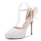 Pointed Toe Stiletto Heels Ankle Buckle Straps Bowknot Decorated Low Platforms Pumps - White Patent