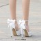 Pointed Toe Stiletto Heels Ankle Buckle Straps Bowknot Decorated Low Platforms Pumps - White Patent
