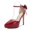 Pointed Toe Stiletto Heels Ankle Buckle Straps Bowknot Decorated Low Platforms Pumps - Burgundy Patent