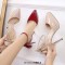 Pointed Toe Stiletto Heels Ankle Buckle Straps Bowknot Decorated Low Platforms Pumps - Burgundy Patent