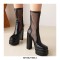 Round Toe Chunky Heels Transparent Platforms Spring Ankle Booties with Back Zipper - Black