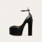 Round Toe Chunky Heels Platforms Ankle Straps Pumps - Black