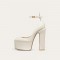 Round Toe Chunky Heels Platforms Ankle Straps Pumps - White