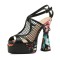 Peep Toe Chunky Heels Summer Net Floral Pattern Platforms Ankle Buckle Straps Pumps - Black