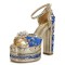 Peep Toe Ethnic Floral Pearl with Rhinestones Chunky Heels Ankle Buckle Straps Platforms Pumps - Blue