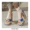 Peep Toe Ethnic Floral Pearl with Rhinestones Chunky Heels Ankle Buckle Straps Platforms Pumps - Blue