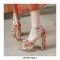Peep Toe Ethnic Floral Pearl with Rhinestones Chunky Heels Ankle Buckle Straps Platforms Pumps - Red