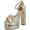 Peep Toe Ethnic Floral Pearl with Rhinestones Chunky Heels Ankle Buckle Straps Platforms Pumps - Sky Blue