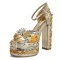 Peep Toe Ethnic Floral Pearl with Rhinestones Chunky Heels Ankle Buckle Straps Platforms Pumps - Yellow