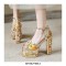 Peep Toe Ethnic Floral Pearl with Rhinestones Chunky Heels Ankle Buckle Straps Platforms Pumps - Yellow