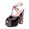 Peep Toe Ankle T Straps Graffiti Prints Chunky Heels Platforms Sandals - Black Patent