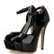 Peep Toe Glitters Stiletto Heels Platforms Ankle Buckle Straps Pumps - Black