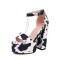 Round Toe Chunky Heels Cow Pattern Ankle Buckle Straps Platforms Sandals - Black Flock