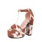 Round Toe Chunky Heels Cow Pattern Ankle Buckle Straps Platforms Sandals - Brown Flock