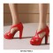 Peep Toe Cuban Heels Platform X Strap Sandals with Back Zipper - Red