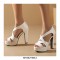 Peep Toe Cuban Heels Platform X Strap Sandals with Back Zipper - White