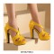 Peep Toe Cuban Heels Platform X Strap Sandals with Back Zipper - Yellow
