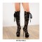 Peep Toe Gladiator Ribbon Lace Up Platforms Stilettos Over the Knees Zipper Boots - Black