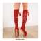 Peep Toe Gladiator Ribbon Lace Up Platforms Stilettos Over the Knees Zipper Boots - Red