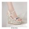 Peep Toe Platforms Ankle Buckle Straps Rhinestones Wedges Sandals - Beige