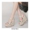 Peep Toe Platforms Ankle Buckle Straps Rhinestones Wedges Sandals - Beige