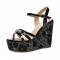 Peep Toe Platforms Ankle Buckle Straps Rhinestones Wedges Sandals - Black
