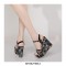 Peep Toe Platforms Ankle Buckle Straps Rhinestones Wedges Sandals - Black