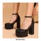 Round Toe Chunky Heels Ankle Buckle Straps Platforms Dorsay Sandals - Black