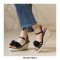 Peep Toe Platforms Ankle Buckle Straps Rose Decorated Wedges Sandals - Black