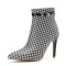 Pointed Toe Houndstooth Pattern Ankle Fashion Straps Ankle High Stiletto Heels Back Zipper Booties - Black