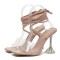 Peep Toe Gladiator Straps Lace Up Transparent Chunky Spike Heels Sandals - Apricot Beige