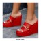 Peep Toe Platforms Golden Chain Decorated Wedges Sandals Slippers - Red