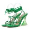Peep Toe Crosstied Gladiator Straps Lace Up Transparent Chunky Heels Sandals - Green